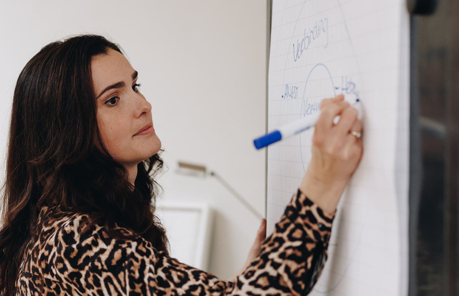 Nathalie schrijft op de flip-over tijdens een training